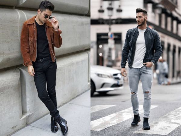 Áo thun + Quần jeans rách + Giày boots