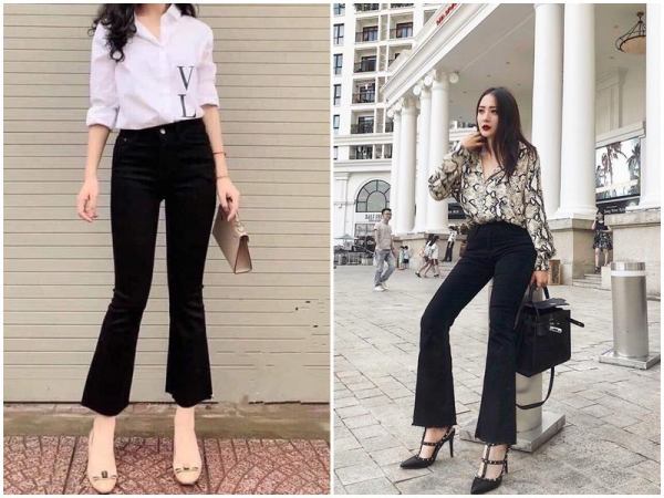 Áo sơ mi + Quần jeans ống loe