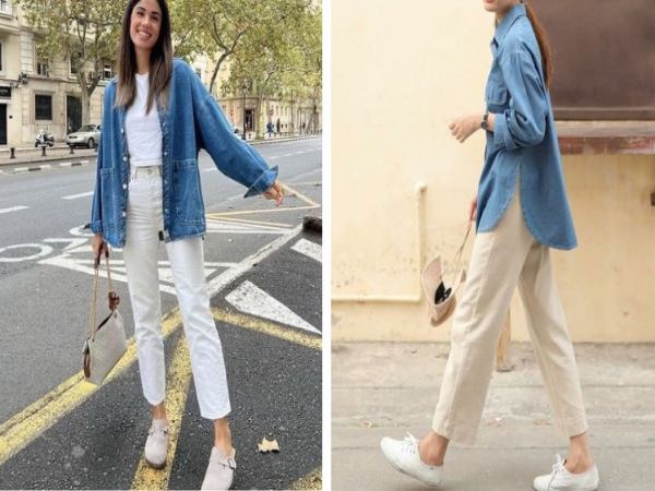 Áo sơ mi trắng với áo khoác denim