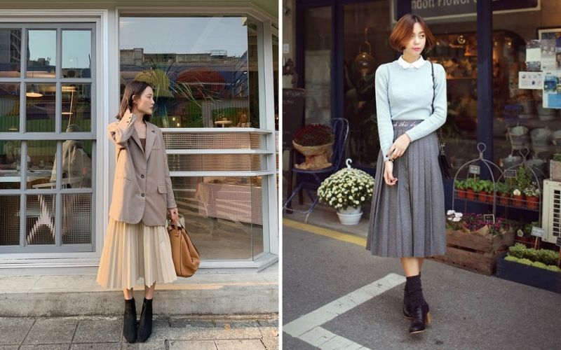  Boot cổ thấp phối với váy midi